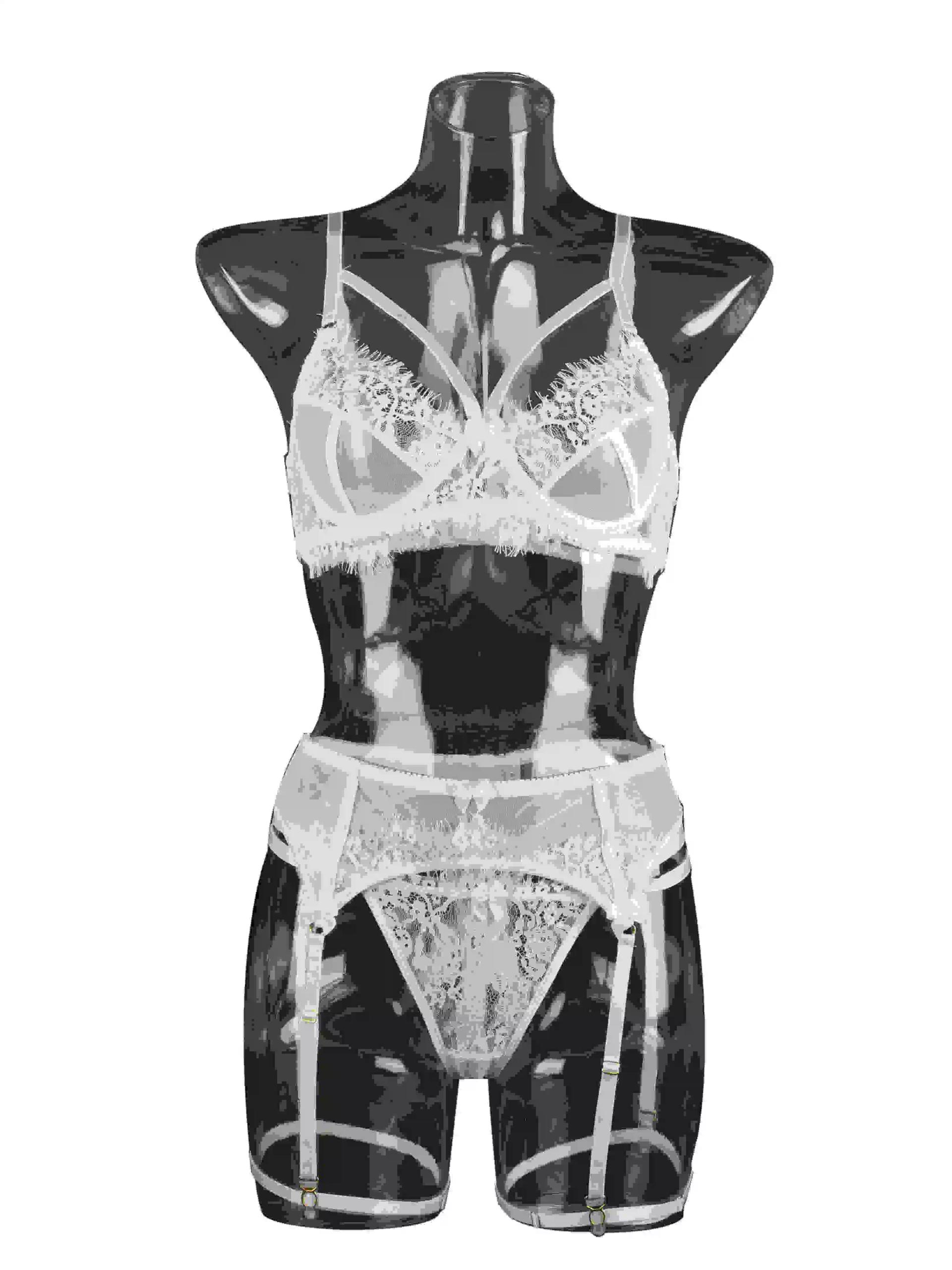 Full front view of white 2-piece lace lingerie set with gold-tone metal buckle and ring accents