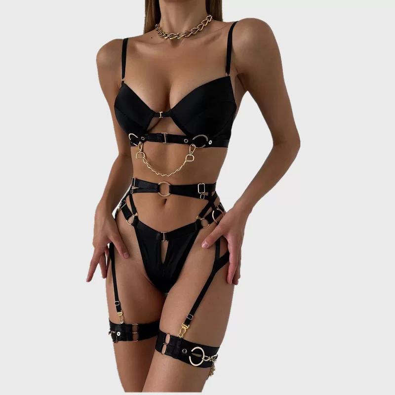 Black underwired bra 4-piece set with gold metal chain detail, O-ring waist belt, thong, and leg garter bands