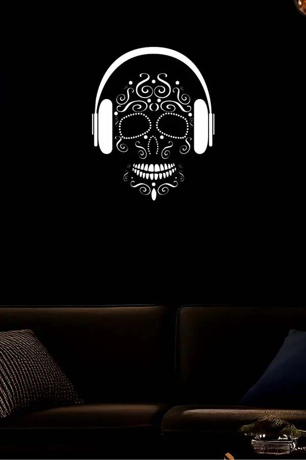 Reflective Sugar Skull Wall Art with Headphones Canvas Print Black and White