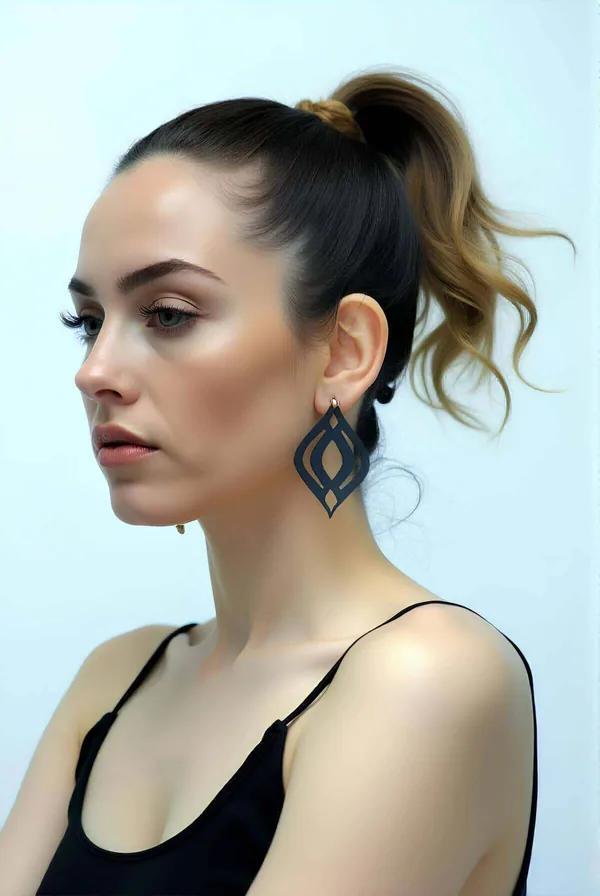 Laser Cut Leather Drop Earrings | Black Motif Everyday Style