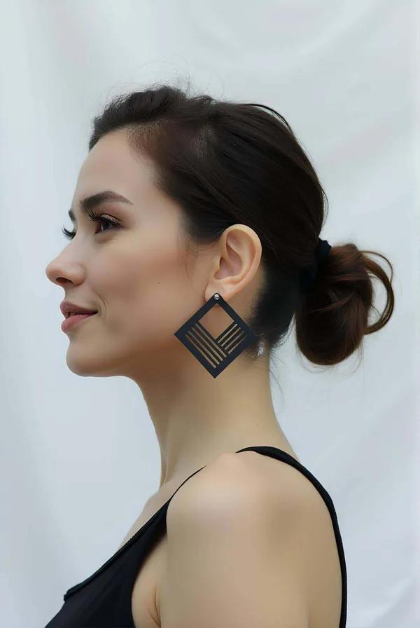 Geometric Square Laser Cut Black Earrings for Modern Style