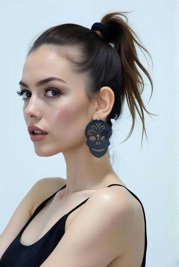 Skull Earrings Black Laser Cut Leather Statement Jewelry