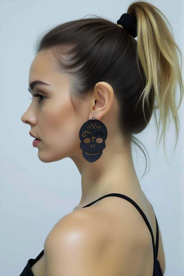 Skull Earrings Black Laser Cut Leather Statement Jewelry