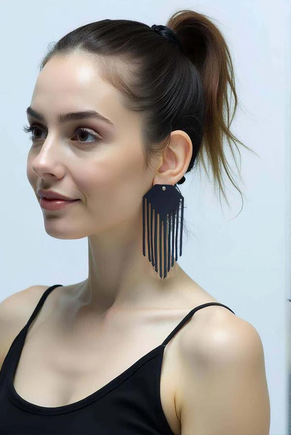 Black Tassel Earrings - Laser Cut Statement Dangle Design
