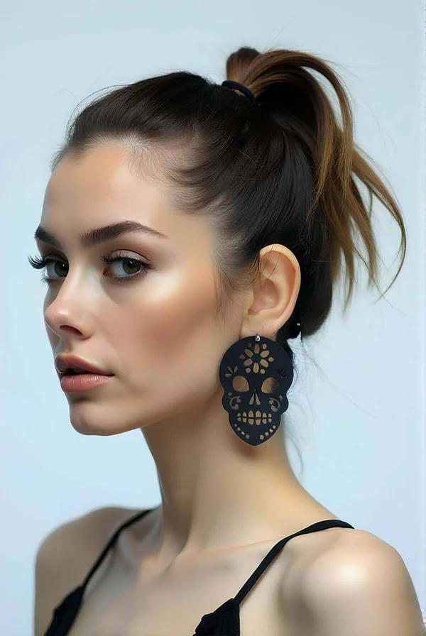 Skull Earrings Black Laser Cut Leather Dangle Statement