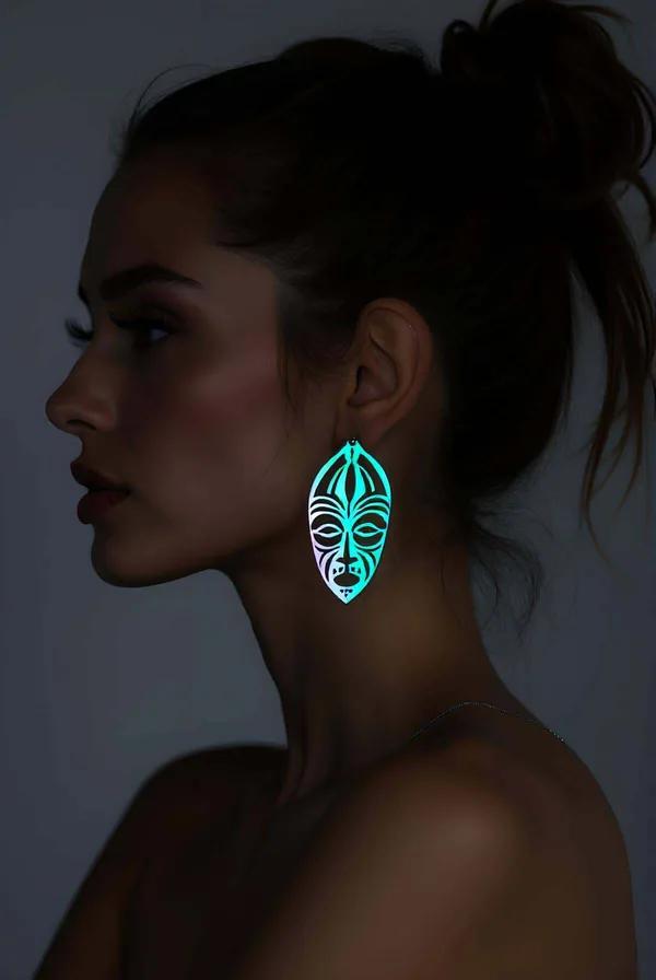 Reflective Ethnic Face Earrings - Unique Glow Statement Jewelry