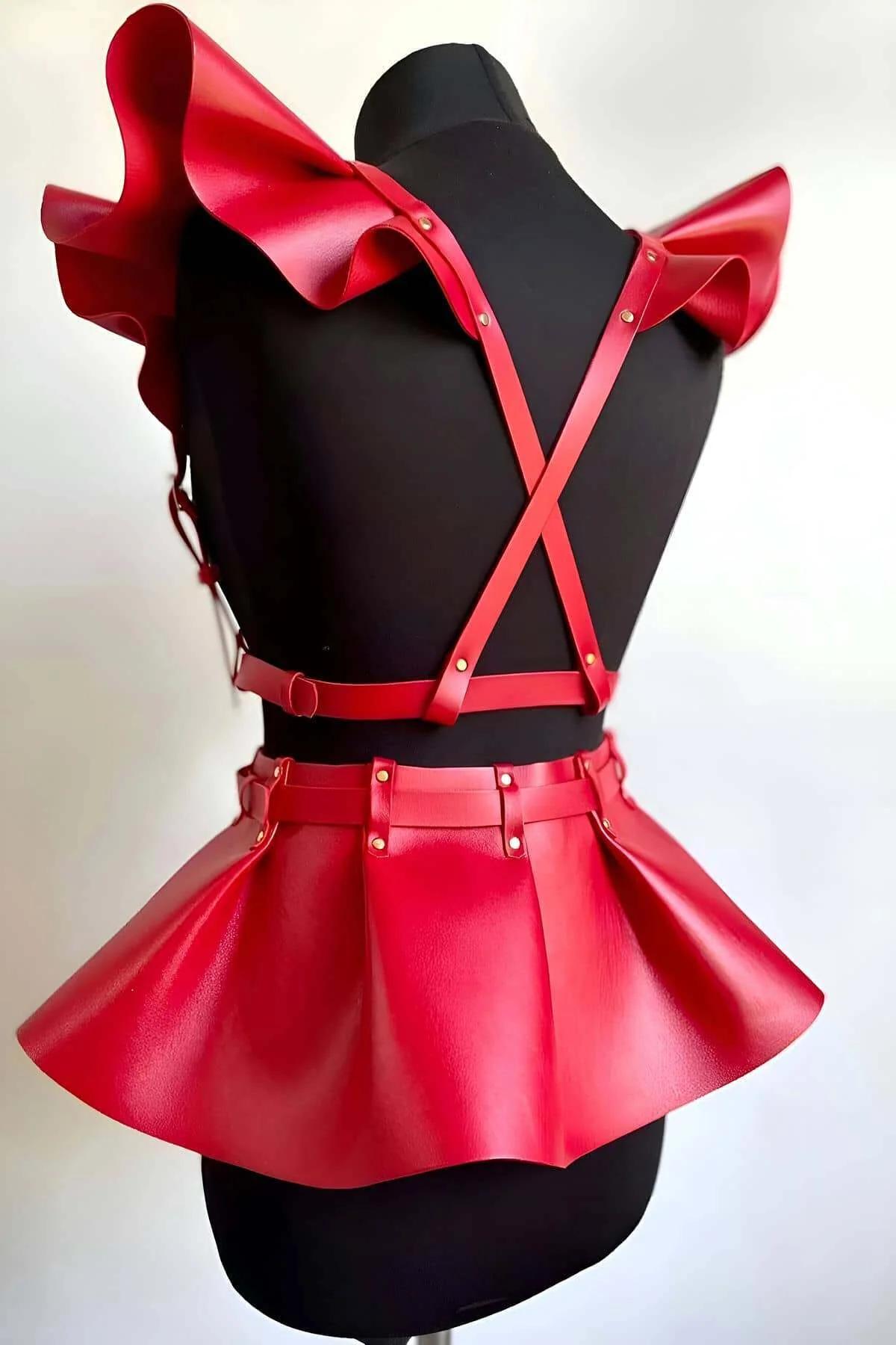 Red Leather Harness Dress with Ruffle Shoulders and Peplum Skirt