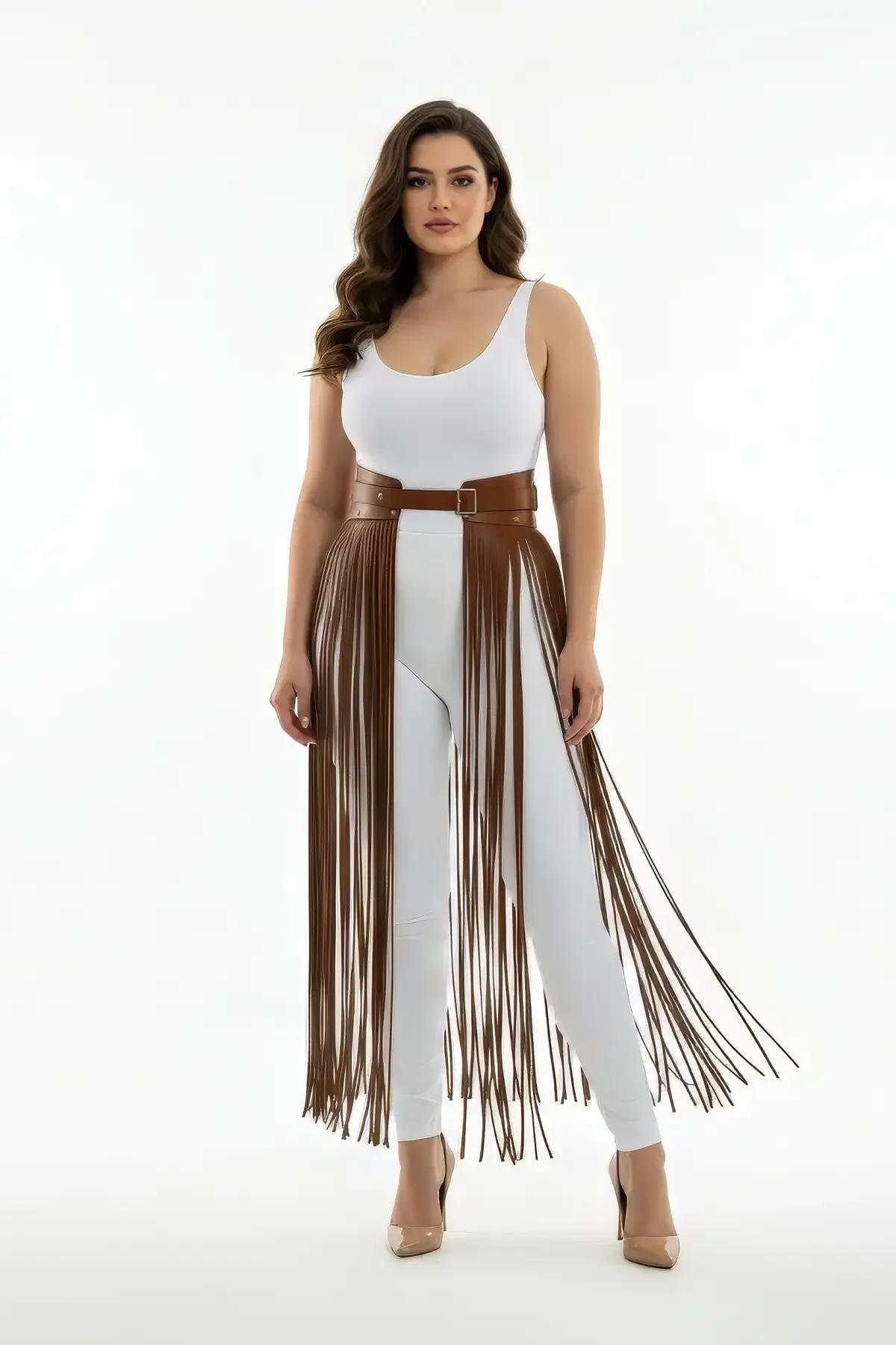 Brown Fringe Faux Leather Waist Harness Skirt