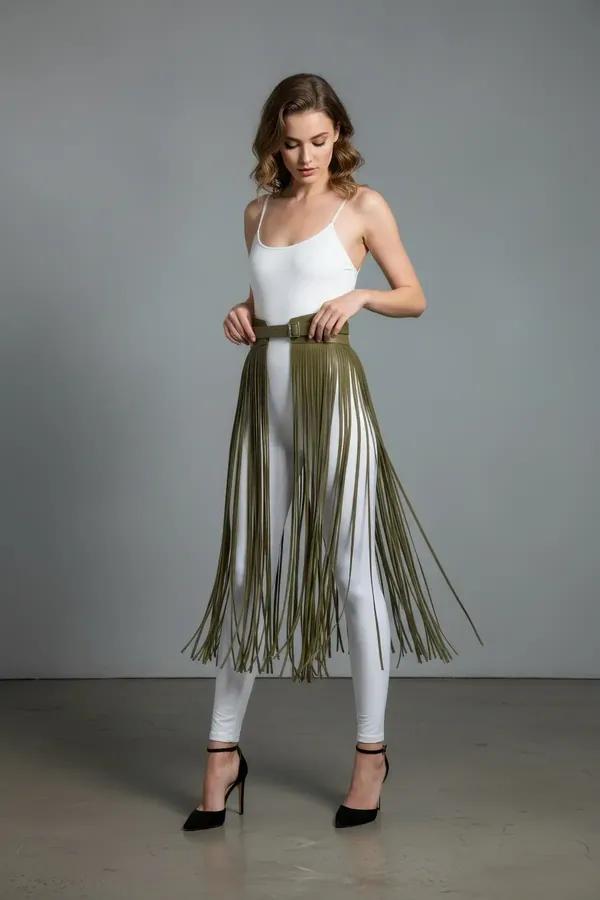 Fringe Waist Harness Skirt in Olive Green