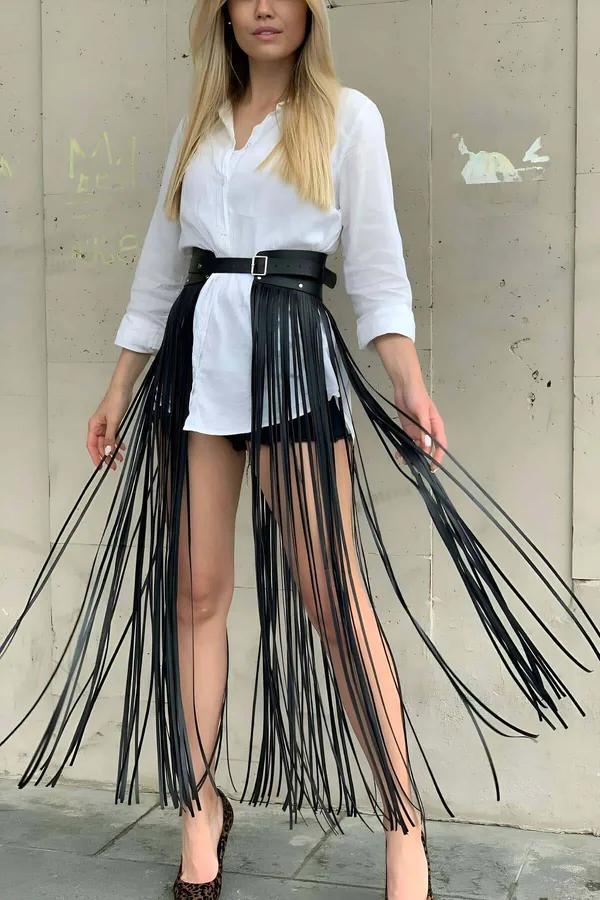 Fringe Waist Belt Harness Skirt with Adjustable Buckle