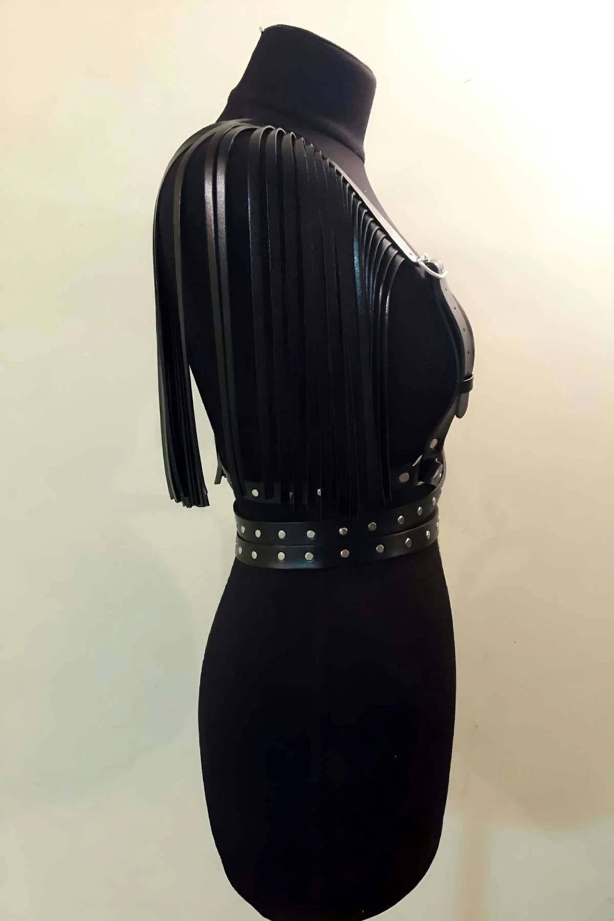Studded Leather Body Harness | Adjustable Shoulder Tassels