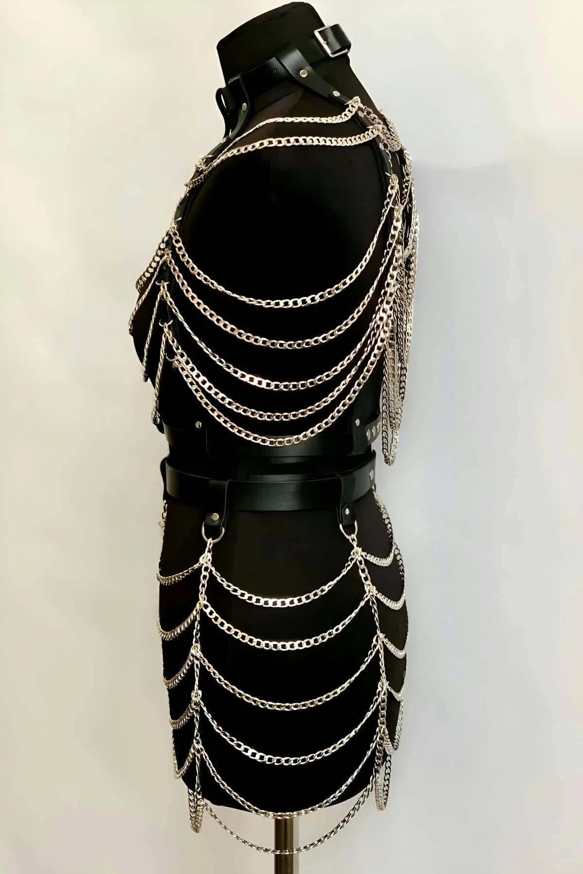 Chain Body Harness Set with Crop Top and Skirt Design