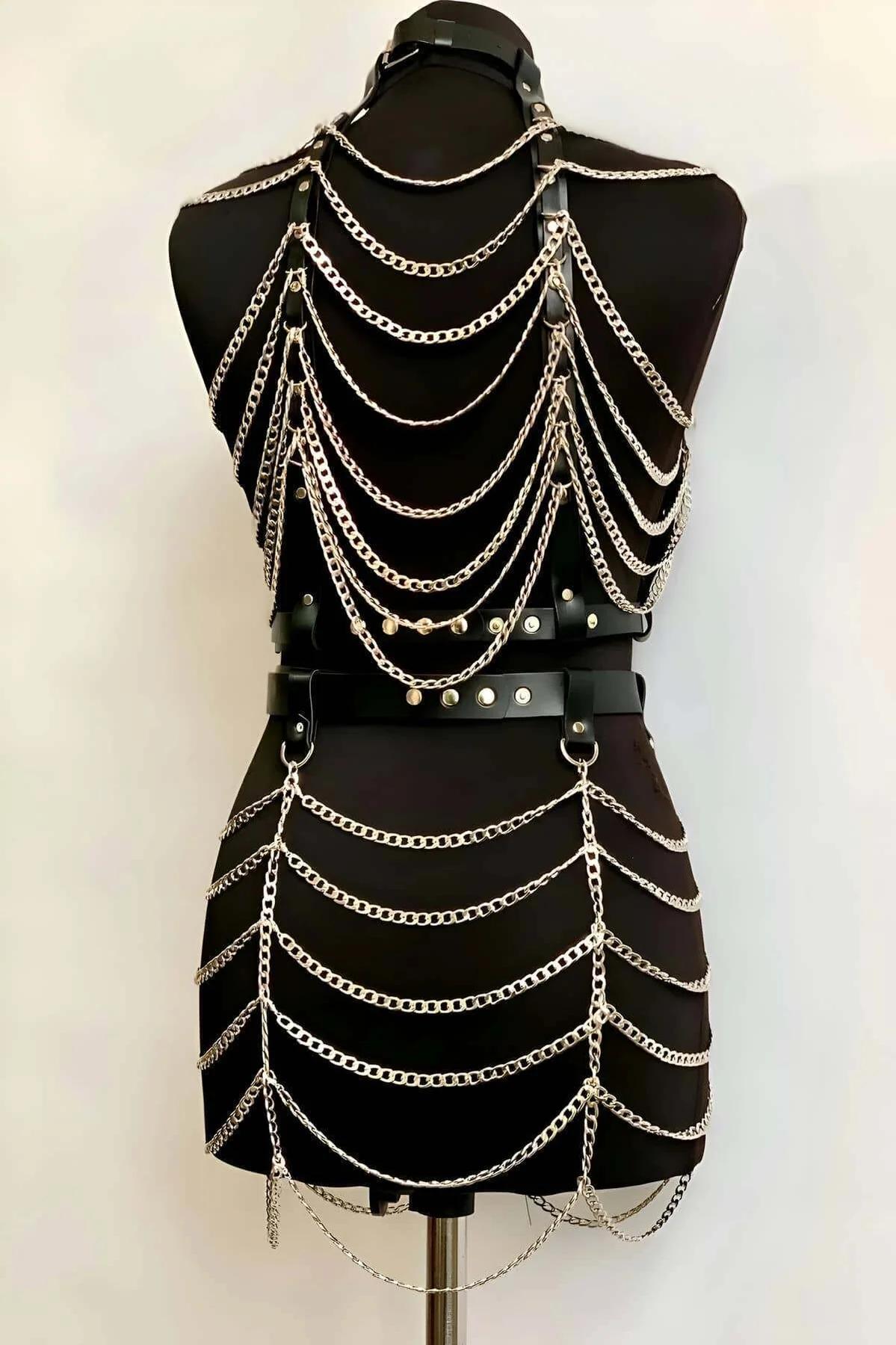 Chain Body Harness Set with Crop Top and Skirt Design