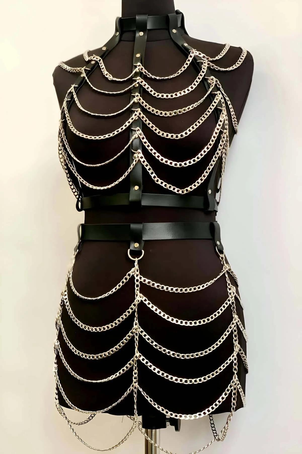 Chain Body Harness Set with Crop Top and Skirt Design
