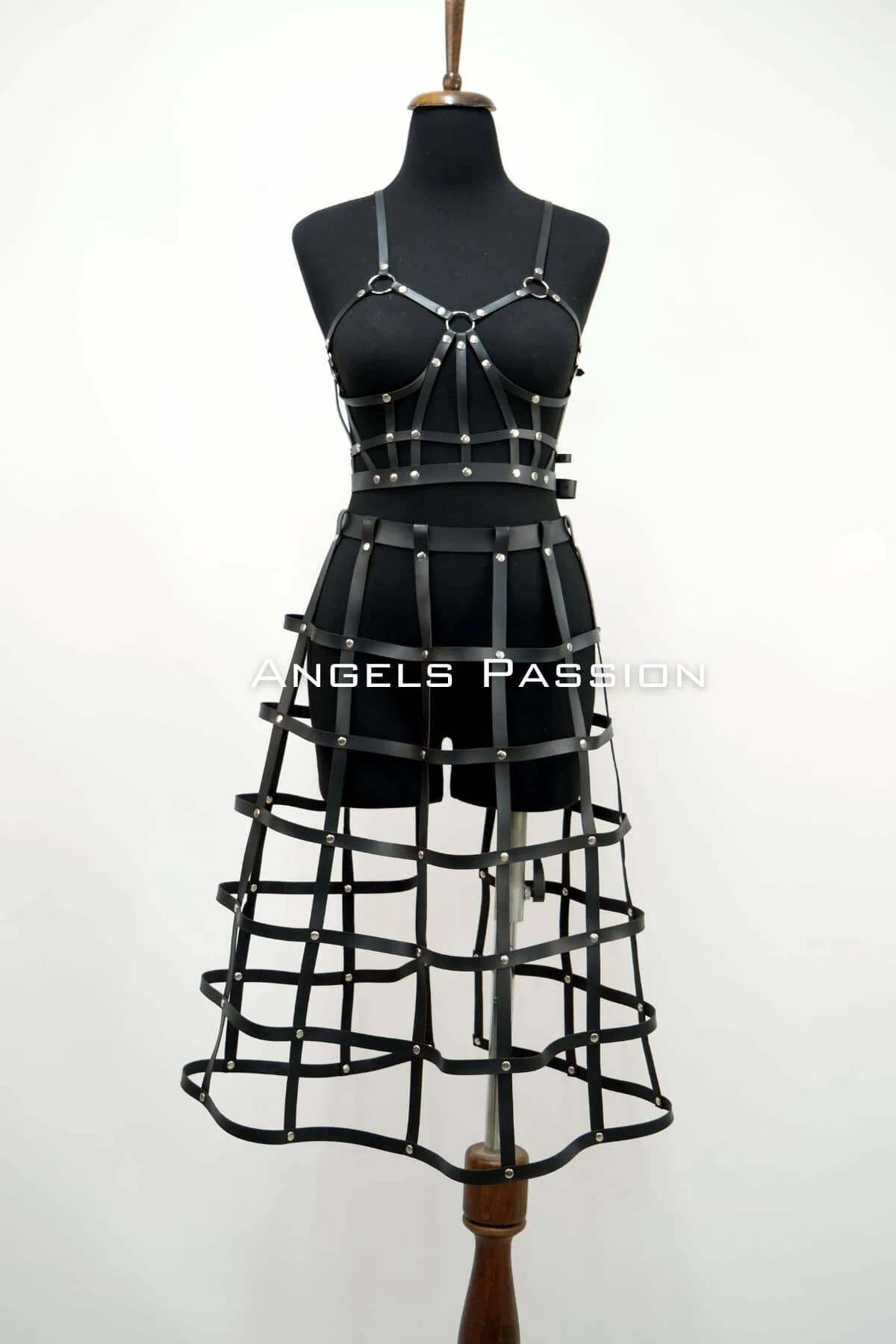 Women's Leather Harness Top and Grid Skirt Statement Outfit