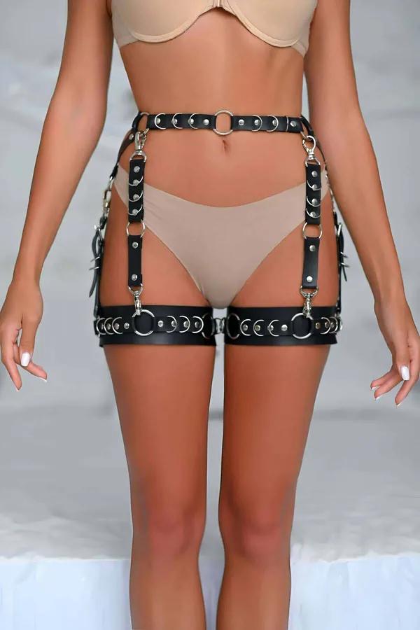 Faux Leather Waist & Thigh Garter Harness with O-Rings