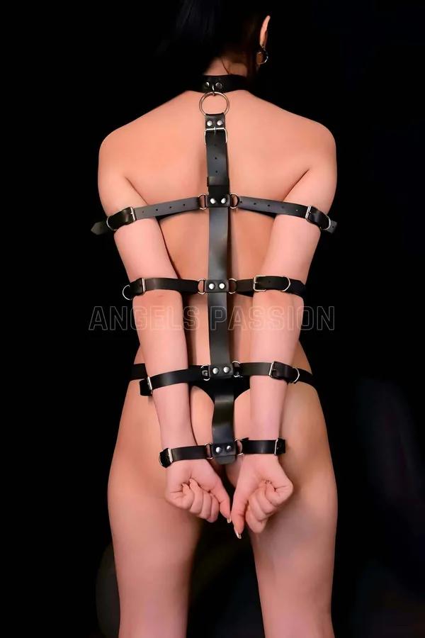 Matte Black Vegan Leather Full Body Caged Harness with Integrated Neck Collar and Built-In Buckled Wrist Cuffs