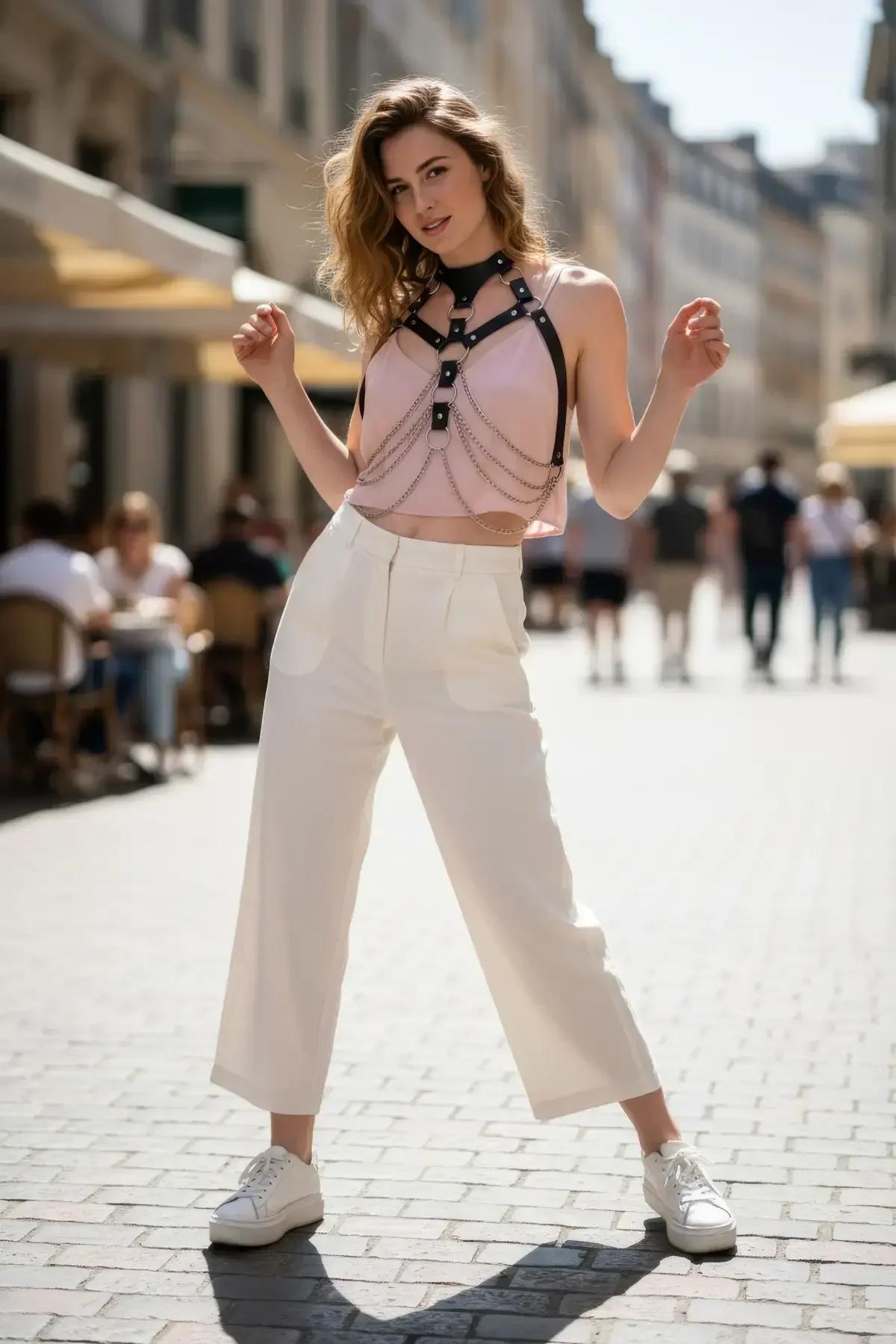 Faux Leather Body Harness with Draped Chain Detail