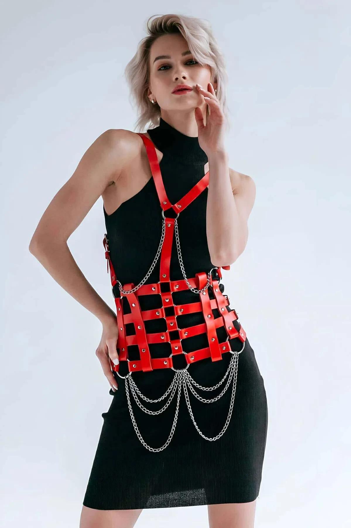 Red Leather Body Harness with Chains - Adjustable Fashion Corset