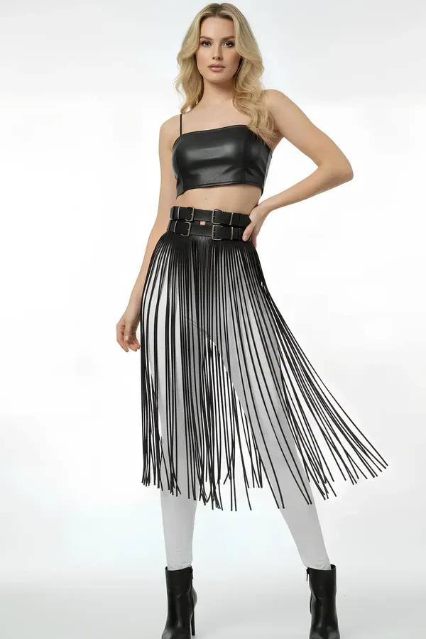 Faux Leather Fringe Belt Harness Skirt Overlay