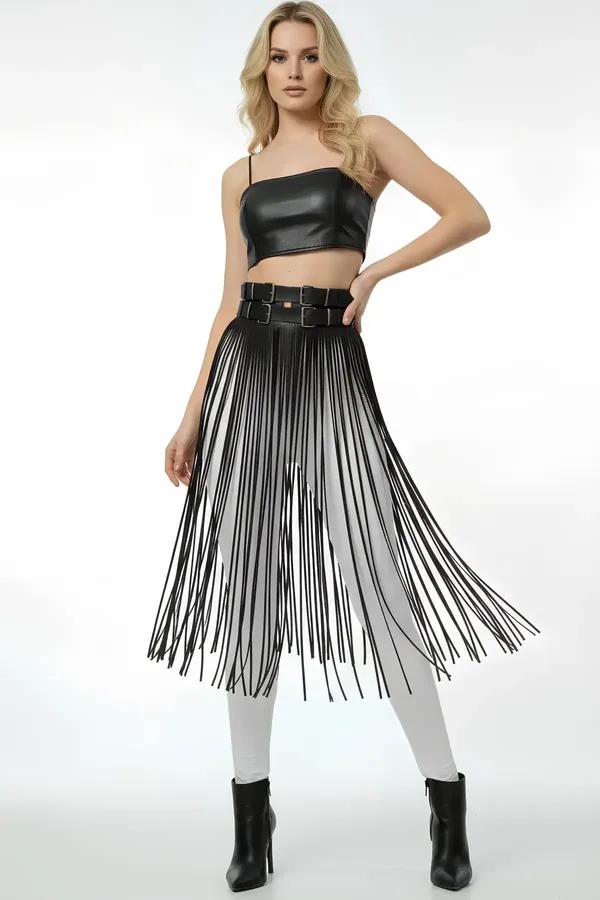 Faux Leather Fringe Belt Harness Skirt Overlay