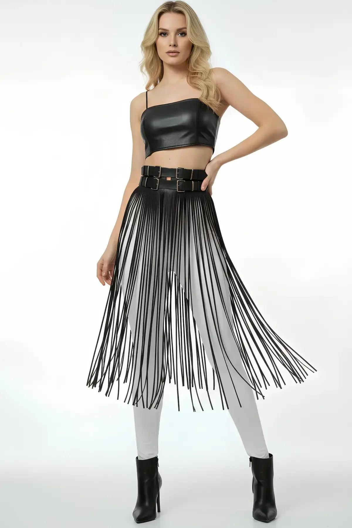 Faux Leather Fringe Belt Harness Skirt Overlay