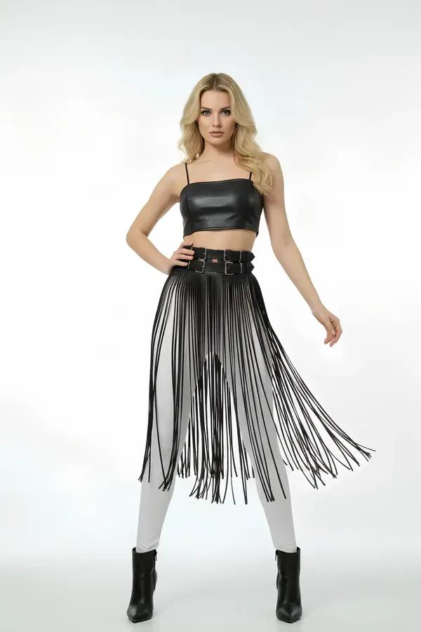 Faux Leather Fringe Belt Harness Skirt Overlay