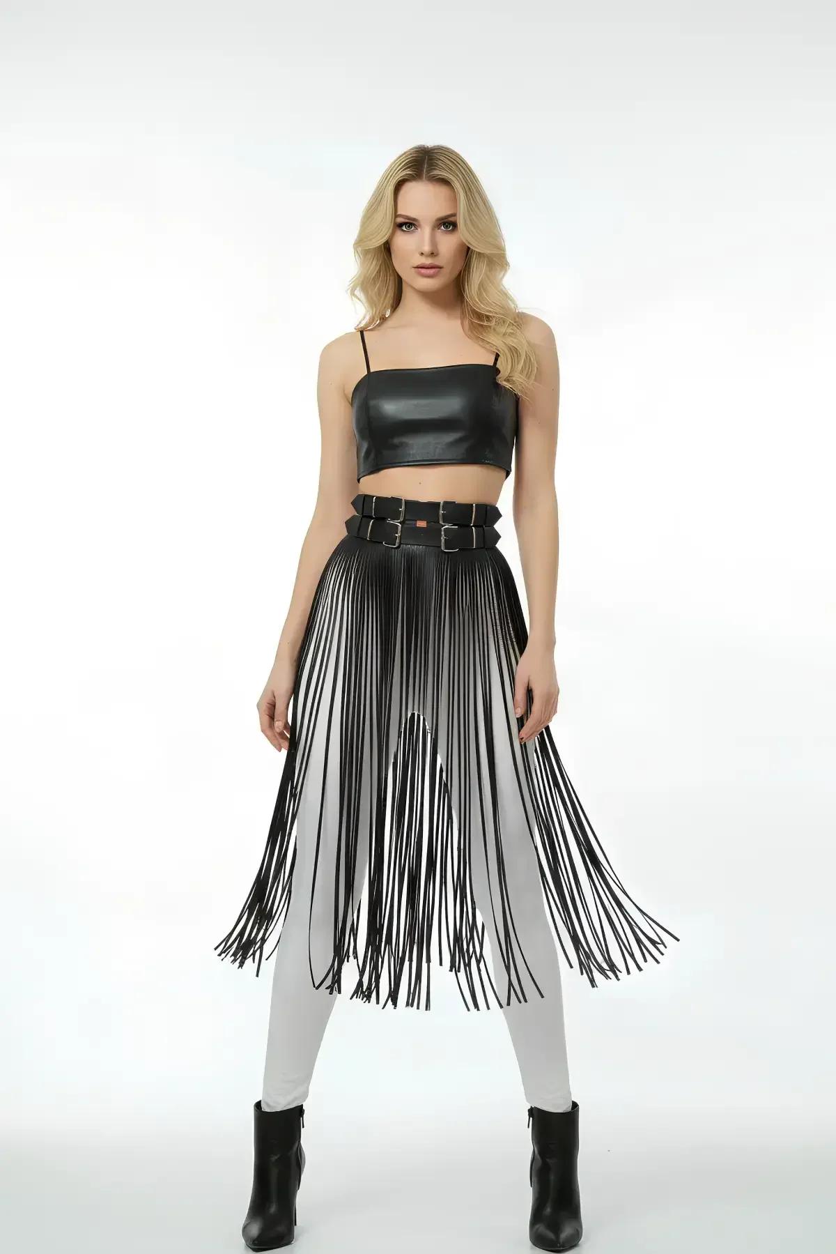 Faux Leather Fringe Belt Harness Skirt Overlay