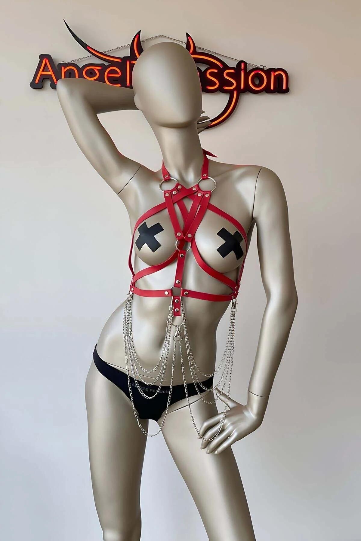 Red Faux Leather Body Harness with Chains - Adjustable Straps