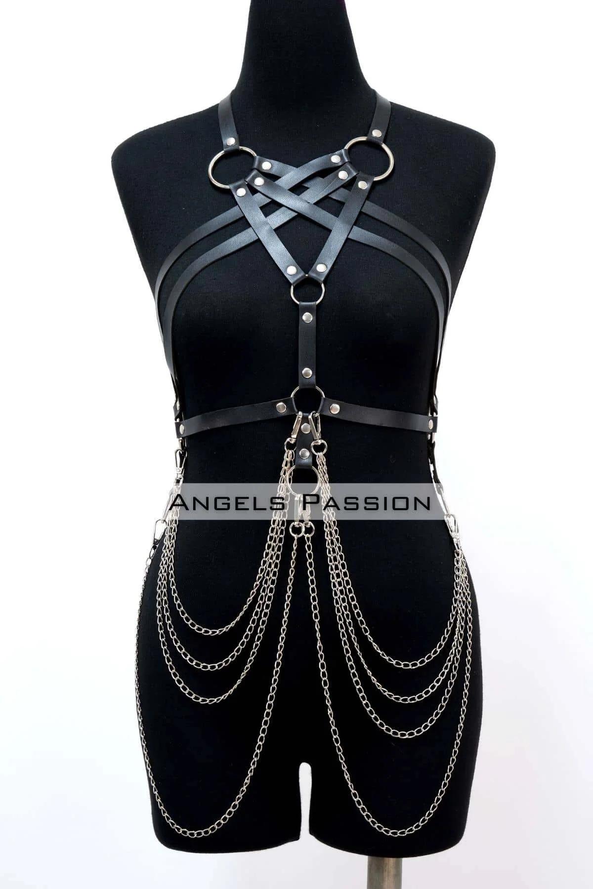 Leather Body Harness with Adjustable Straps & Chain Detail