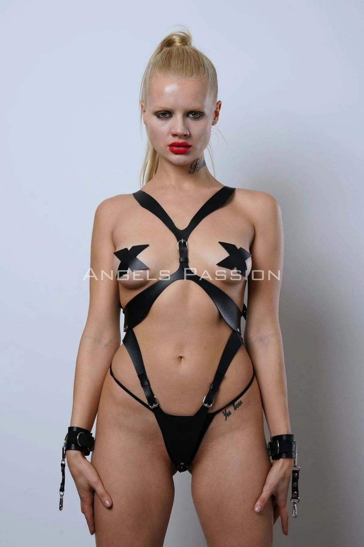 Leather Body Harness Lingerie Set with Cuffs and Thong