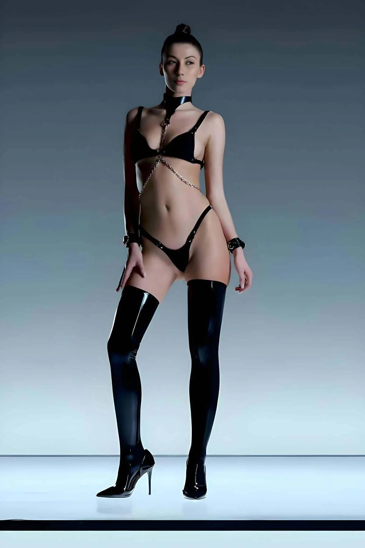 Leather Body Harness Lingerie Set with Chains Adjustable Fit