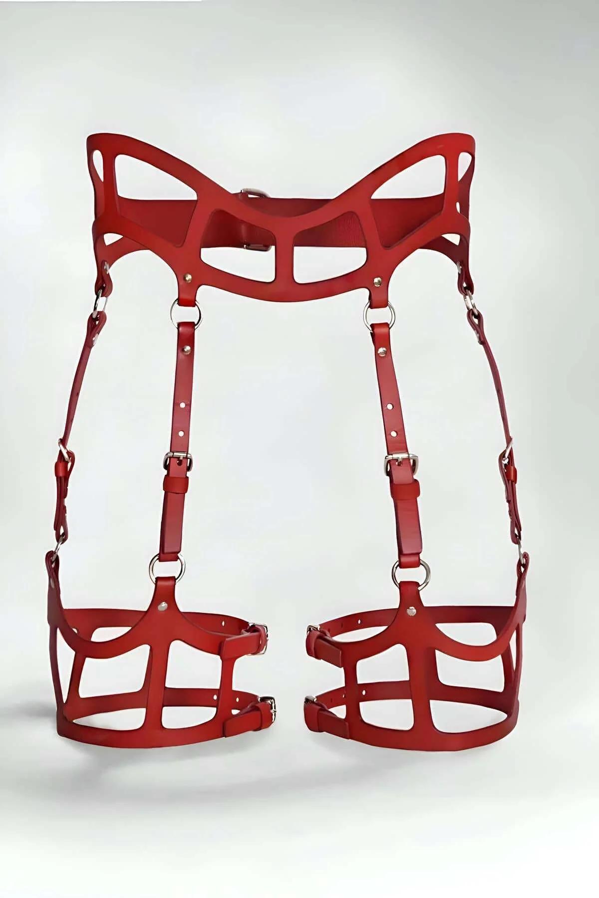 Red Faux Leather Thigh Harness with Adjustable Cage Design