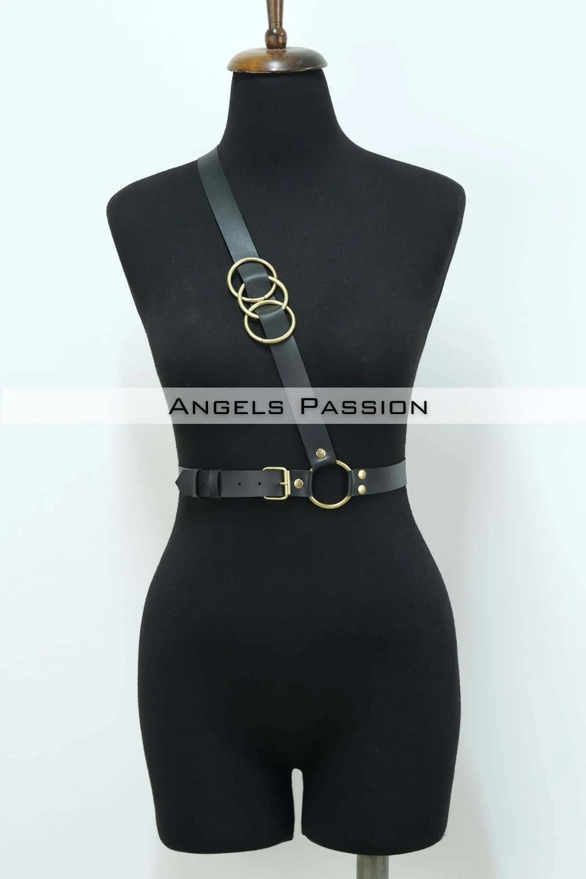 Leather Chest Harness Adjustable Body Strap with Gold Rings