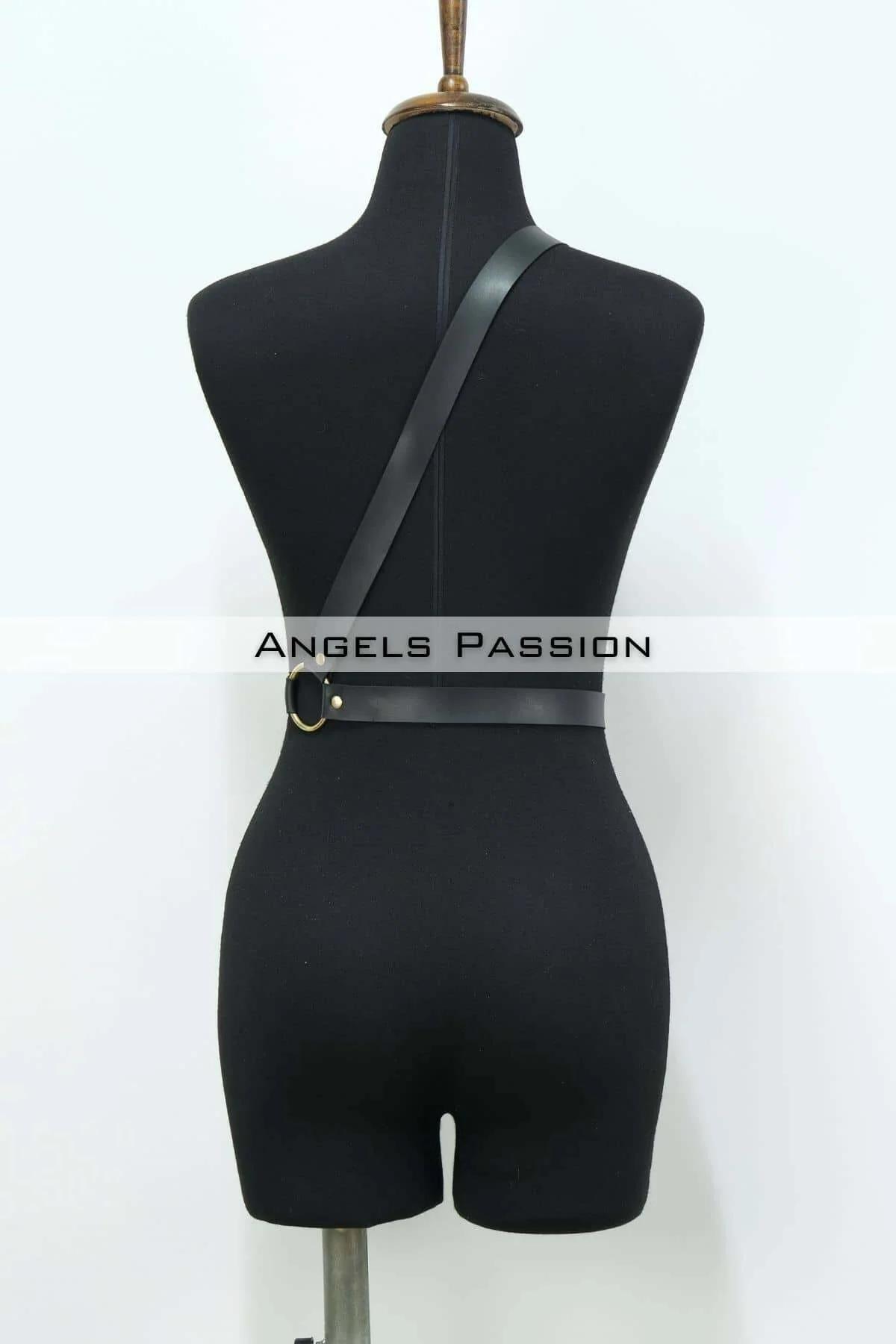 Leather Chest Harness Adjustable Body Strap with Gold Rings