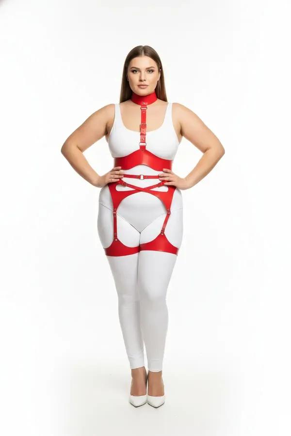 Red Faux Leather Full Body Harness Women Adjustable Straps Neck Garter