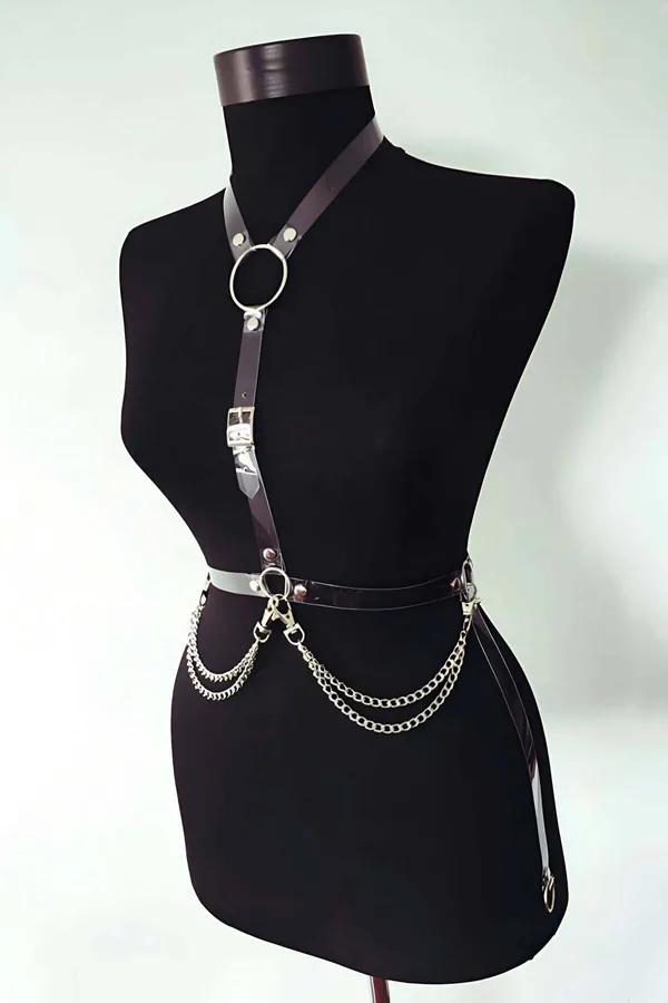 Patent Faux Leather Chest Harness with O-Ring & Chains