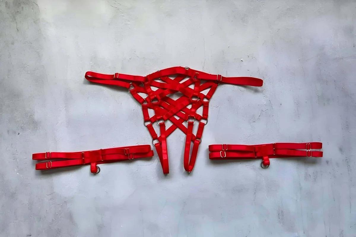 Red Lingerie Harness Set with Adjustable Garter Leg Bands