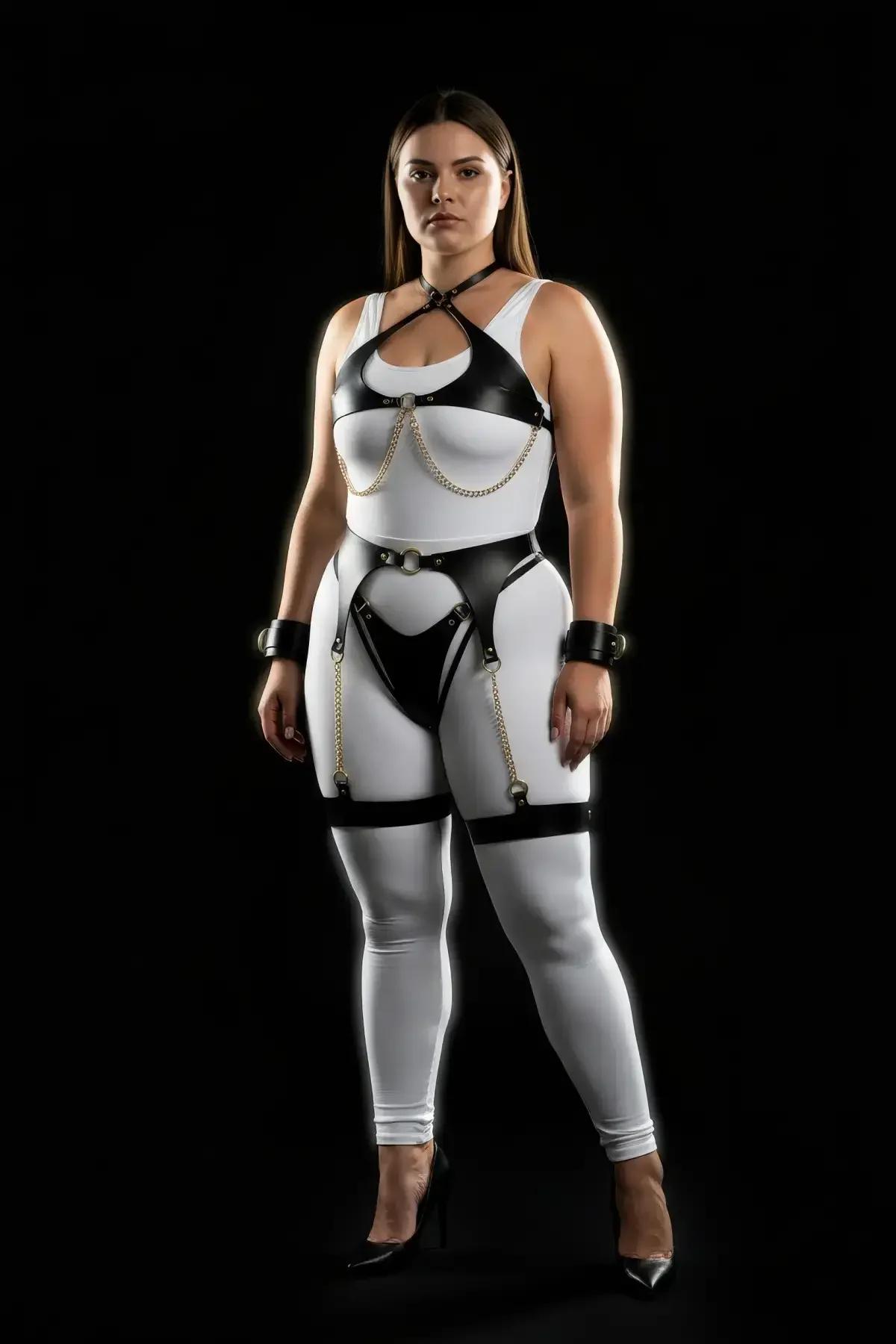 Plus Size Faux Leather Chain Harness Set with Garters