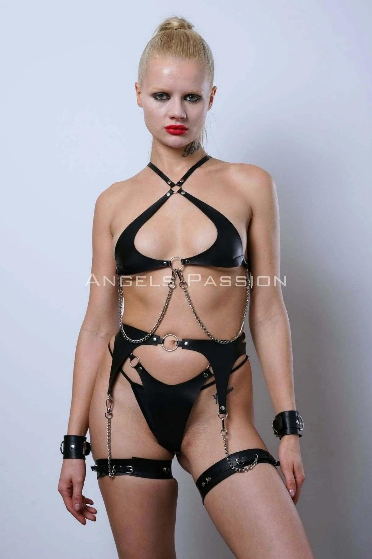 Leather Harness Set with Garter Belt, Chains, and Cuffs