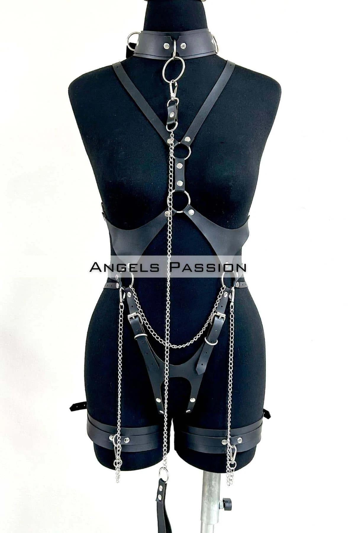 Leather Body Harness Set with Collar and Chain Details