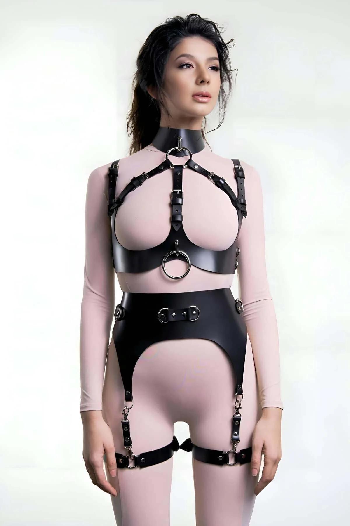 Leather Garter Harness Set | Adjustable Open Chest Design