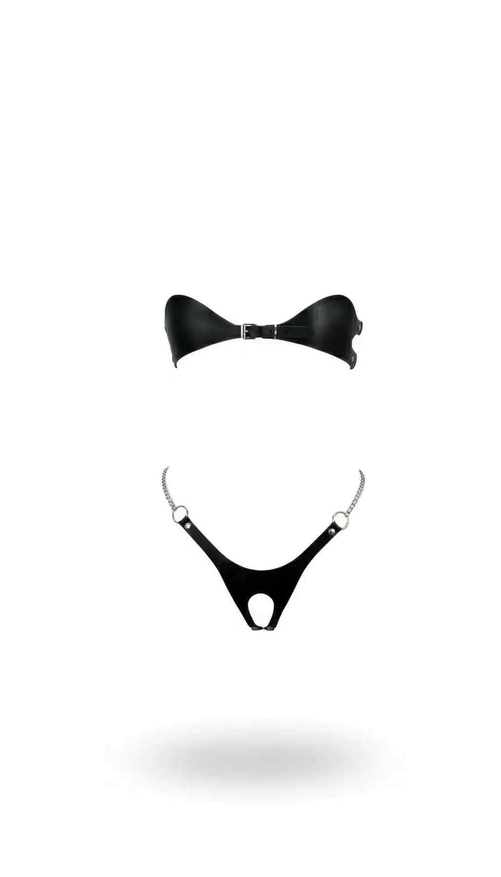 Faux Leather Strapless Harness Bra and G-String Set