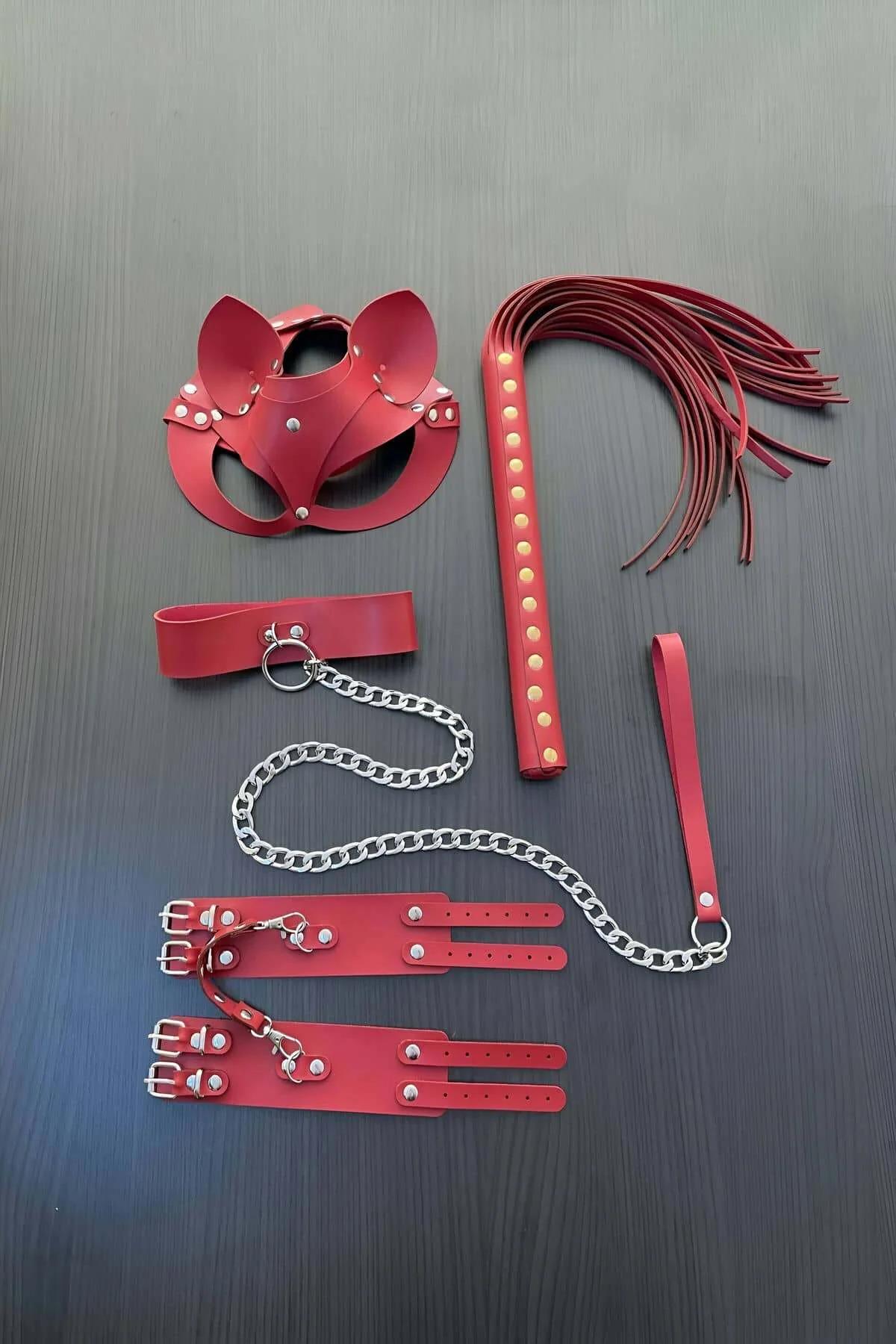 Red Leather Fantasy Play Set with Mask, Cuffs & Flogger