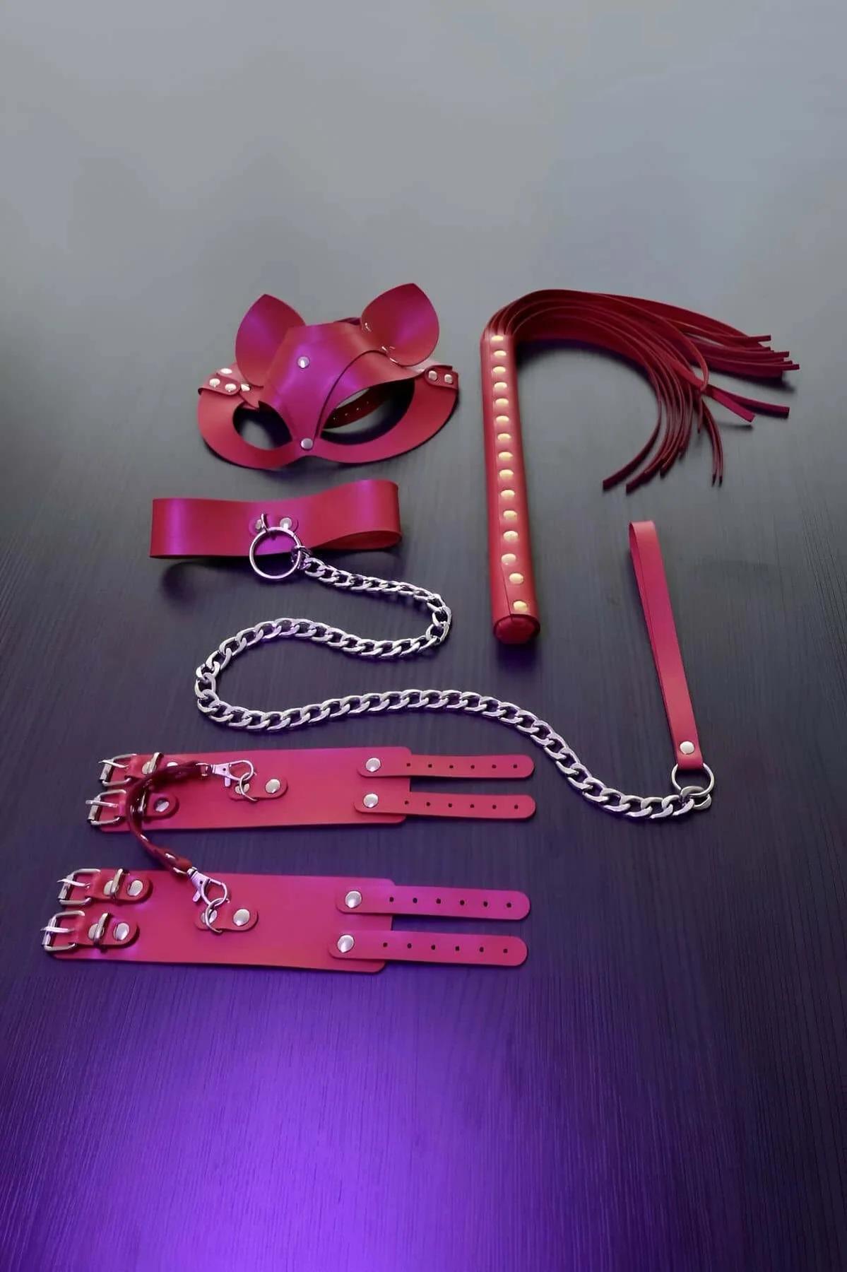 Red Leather Fantasy Play Set with Mask, Cuffs & Flogger