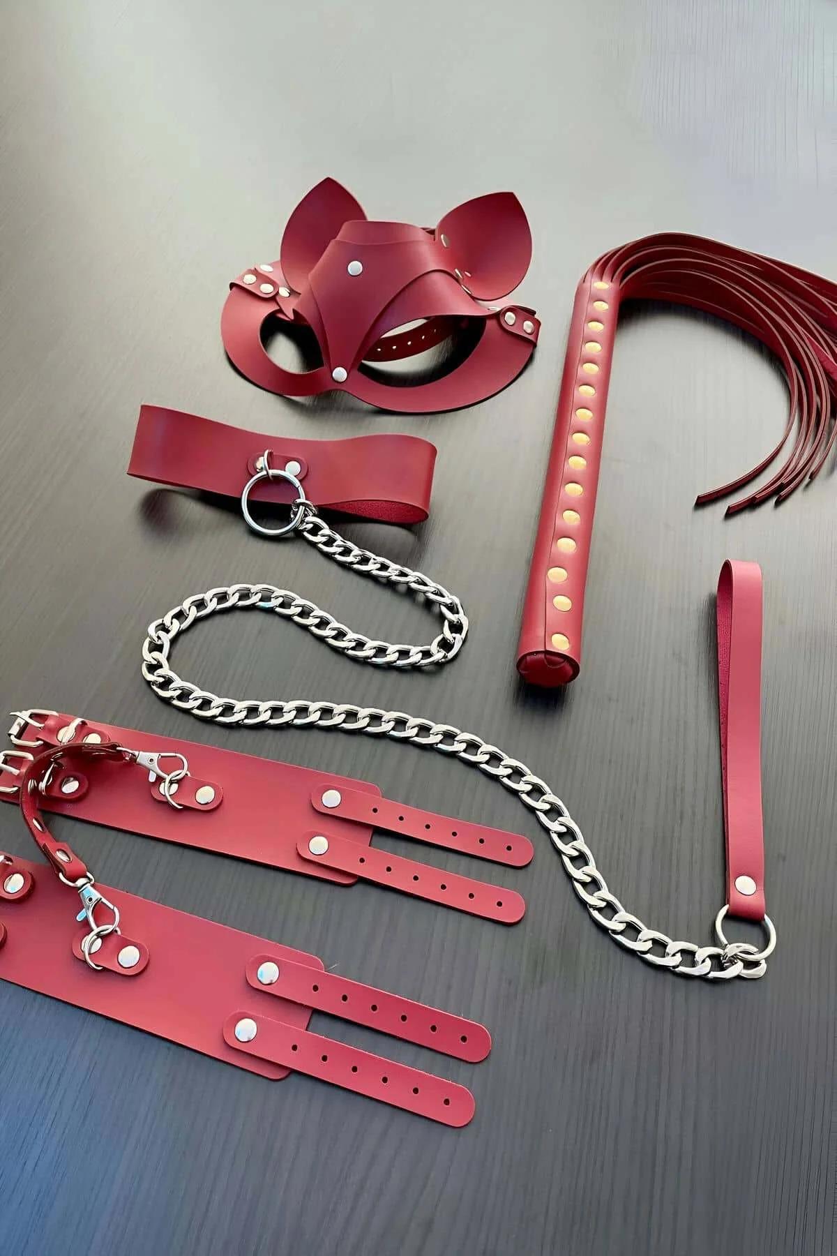 Red Leather Fantasy Play Set with Mask, Cuffs & Flogger