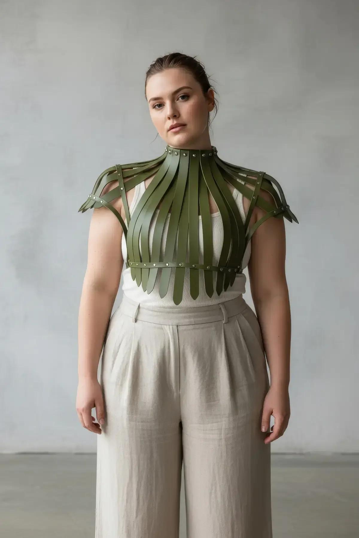 Olive Faux Leather Ribbed Cage Shrug Harness Top