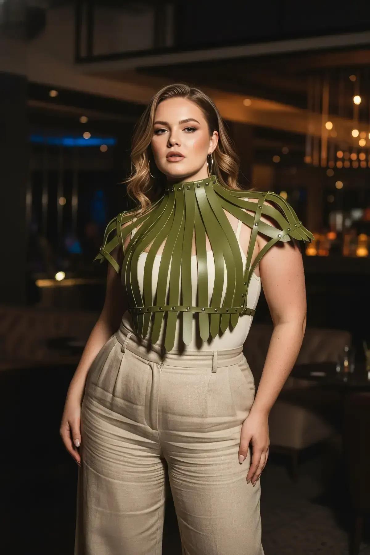 Olive Faux Leather Ribbed Cage Shrug Harness Top