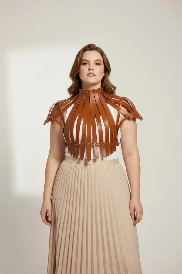 Tan Faux Leather High-Neck Harness Top with Studs