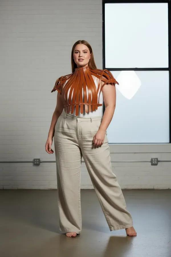 Tan Faux Leather High-Neck Harness Top with Studs